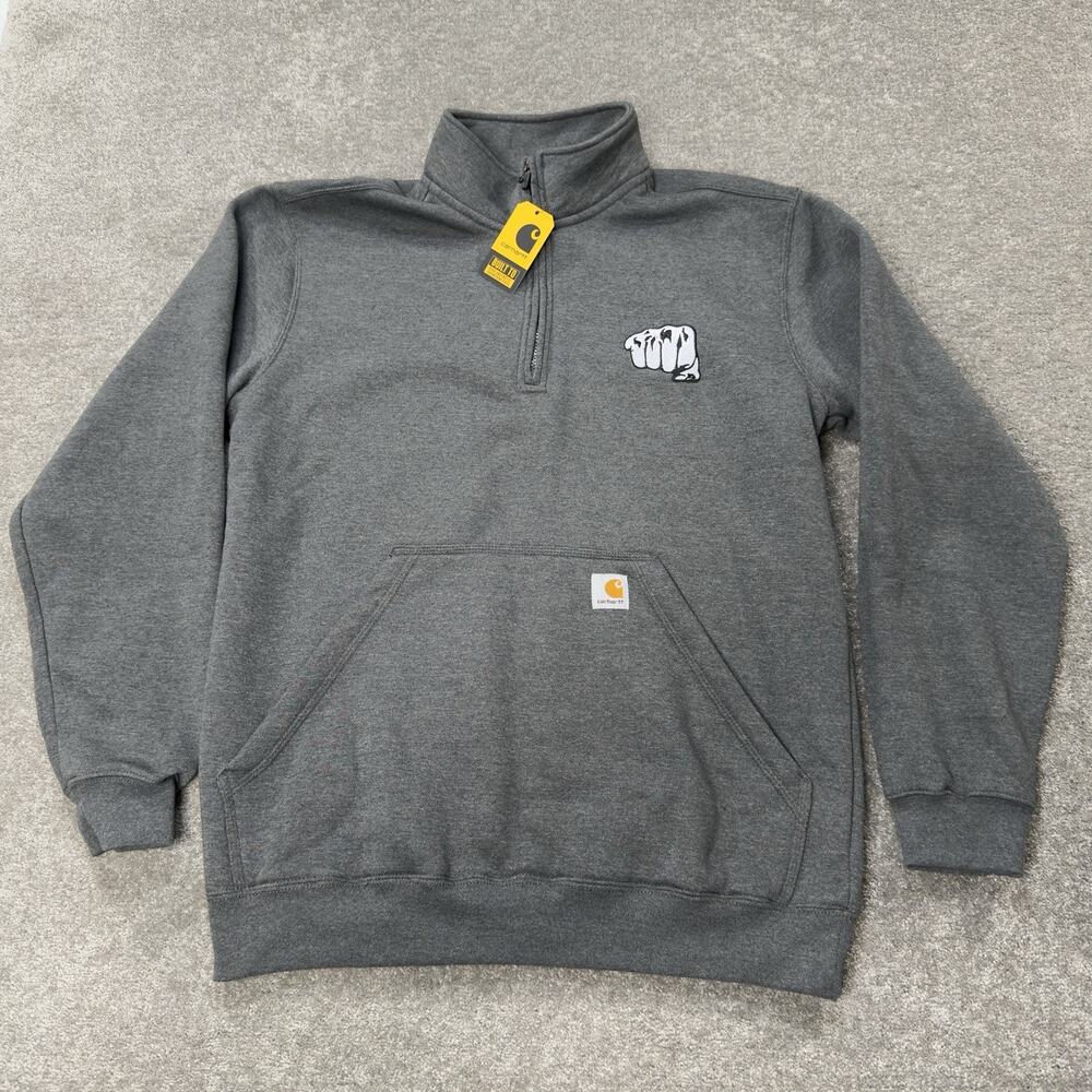 Carhartt Mens Loose Fit Quarter Zip Mock Neck Sweatshirt Gray Medium Embroidered
